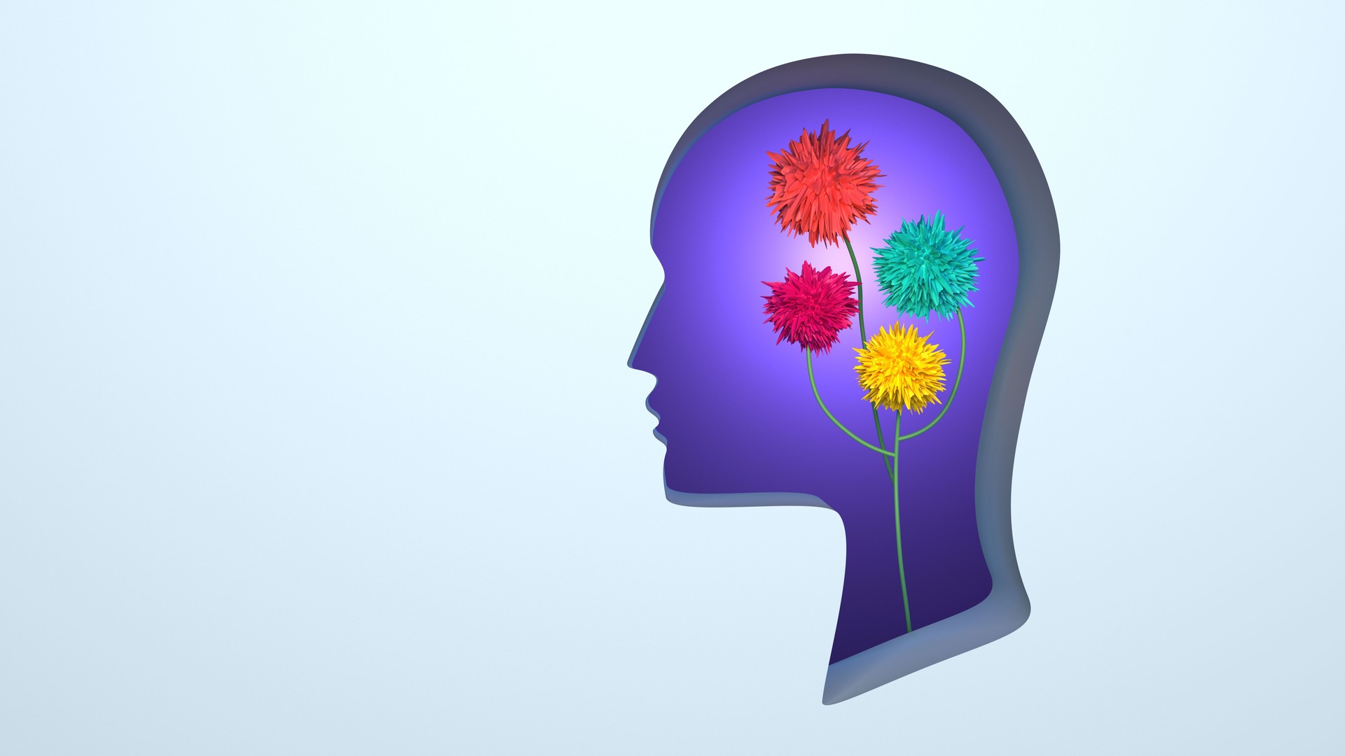 Mental health concept without people, Head shape with abstract flowers